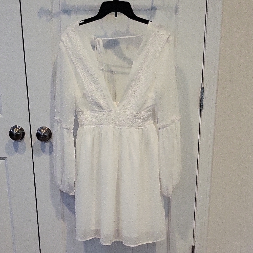 Cream Pleated Long Sleeve Sundress with Plunge Neckline